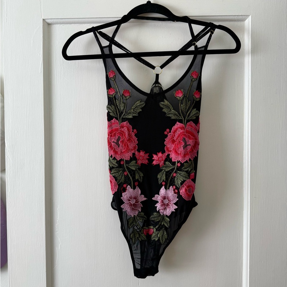 Floral Embroidered Mesh Black Bodysuit